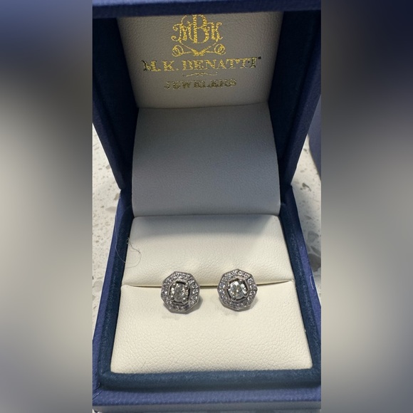 14k White Gold Genuine Diamond Center Halo Style Earrings - Picture 2 of 7